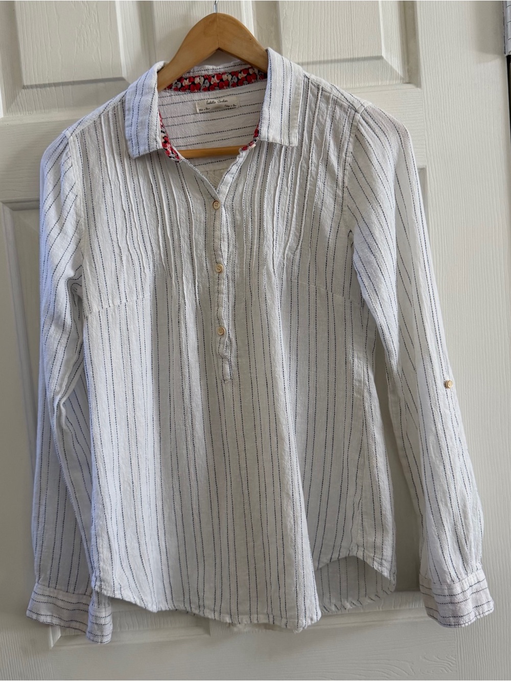 Casual White Striped Tunic Shirt with Subtle Navy Lines